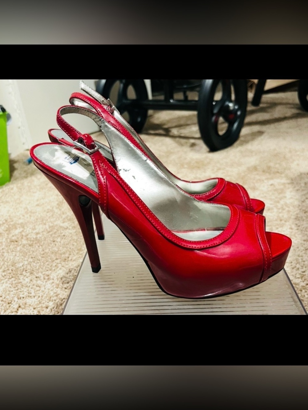 Guess Red Peep-Toe Slingback platform Heels with Silver Insole